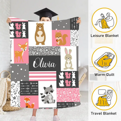 Personalized Custom Name Baby Blanket for Girl - Little Bear Rabbit Sika Deer Fox