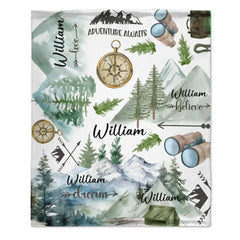 Personalized Mountain Camping Baby Name Blanket, Adventure Awaits Baby Blanket, Funny Gift Blanket