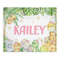 Personalized Custom Baby Name Blanket Gift, Jungle Nursery Decor, Toddler Birthday Gift, Monkey Elephant Giraffe  Blanket