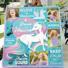 Individuelle Einhorndecke mit 4 Fotos und Namen für Mädchen