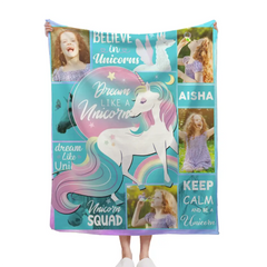Individuelle Einhorndecke mit 4 Fotos und Namen für Mädchen