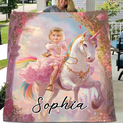 Personalisierte Einhorn-Prinzessinnendecke – Personalisierter Name und Foto – Weiche Flanelldecke – Ein Geschenk für Töchter, Mädchen
