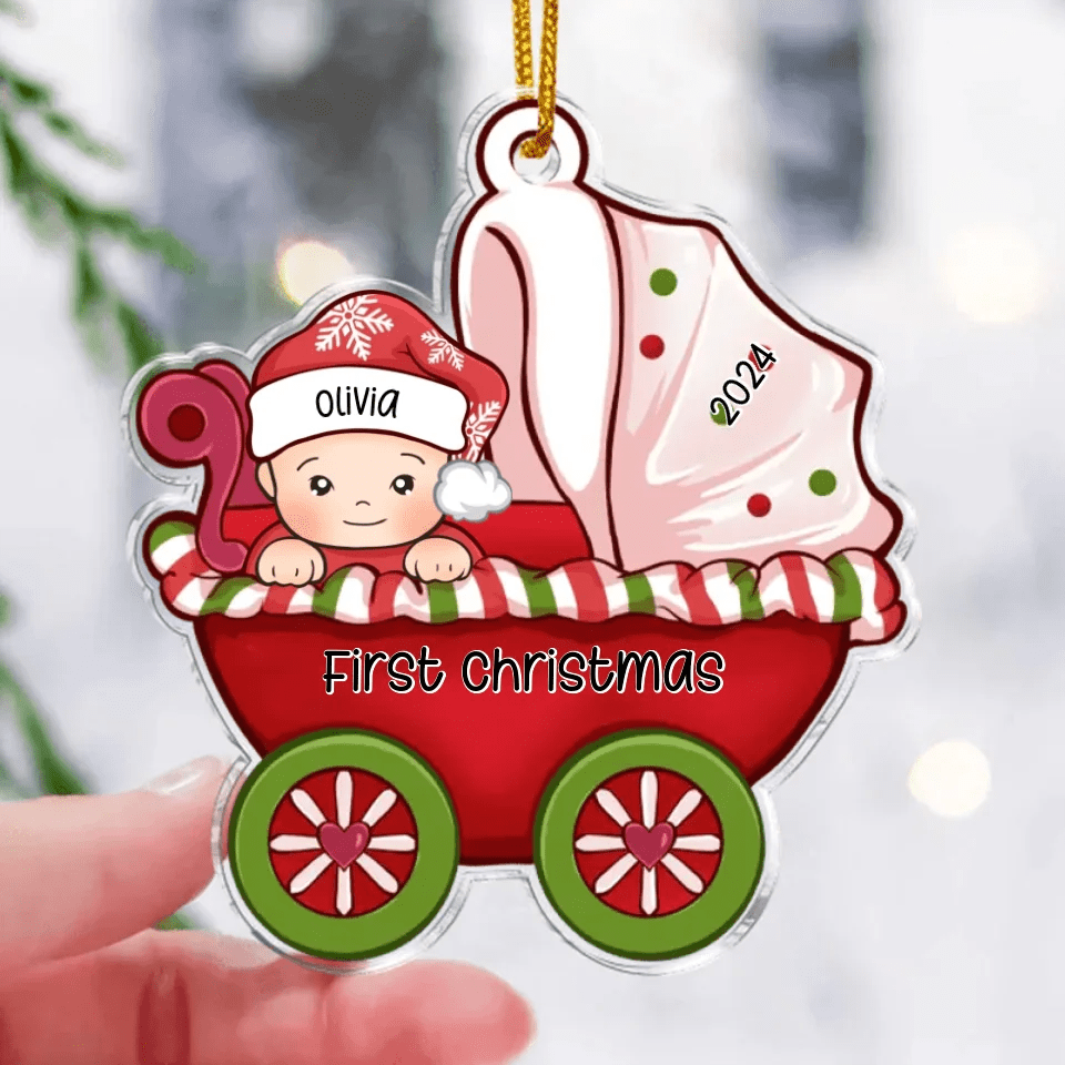 Baby's Christmas Customized Acrylic Decorations - Personalized Name,Stroller And Cartoon Baby Character Acrylic Pendant - A Gift For Baby,Newborns - OLESA