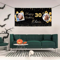 Birthday Personalized Banner With Photo, Gold Party Decoration - OLESA