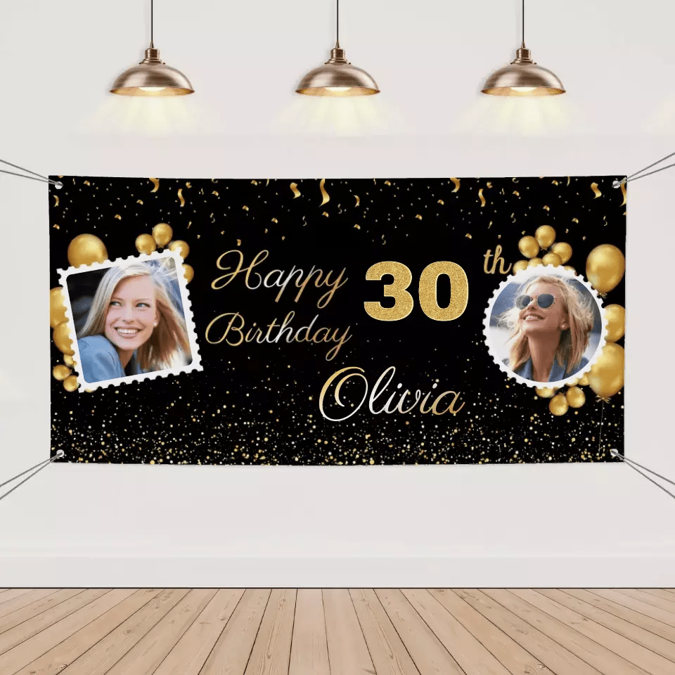 Birthday Personalized Banner With Photo, Gold Party Decoration - OLESA