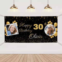 Birthday Personalized Banner With Photo, Gold Party Decoration - OLESA