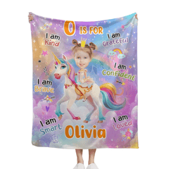 Cartoon Unicorn Customized Blanket - Personalized Name and Photo Soft Flannel Blanket - A Gift For Daughters, Girls - OLESA