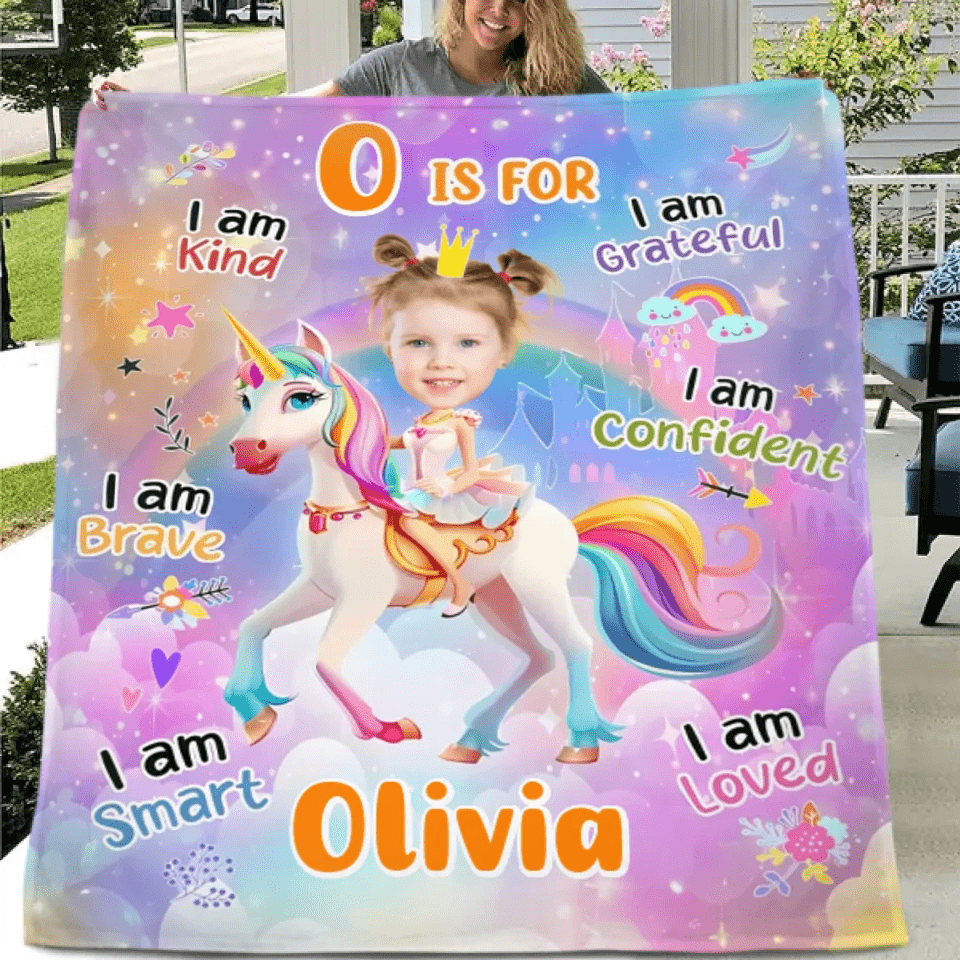 Cartoon Unicorn Customized Blanket - Personalized Name and Photo Soft Flannel Blanket - A Gift For Daughters, Girls - OLESA