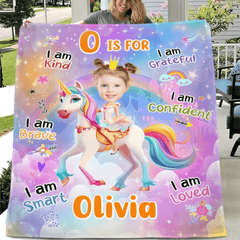 Cartoon Unicorn Customized Blanket - Personalized Name and Photo Soft Flannel Blanket - A Gift For Daughters, Girls - OLESA