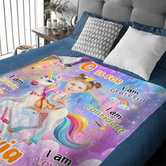 Cartoon Unicorn Customized Blanket - Personalized Name and Photo Soft Flannel Blanket - A Gift For Daughters, Girls - OLESA