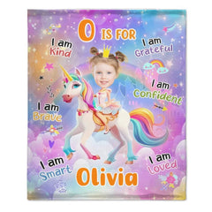 Cartoon Unicorn Customized Blanket - Personalized Name and Photo Soft Flannel Blanket - A Gift For Daughters, Girls - OLESA