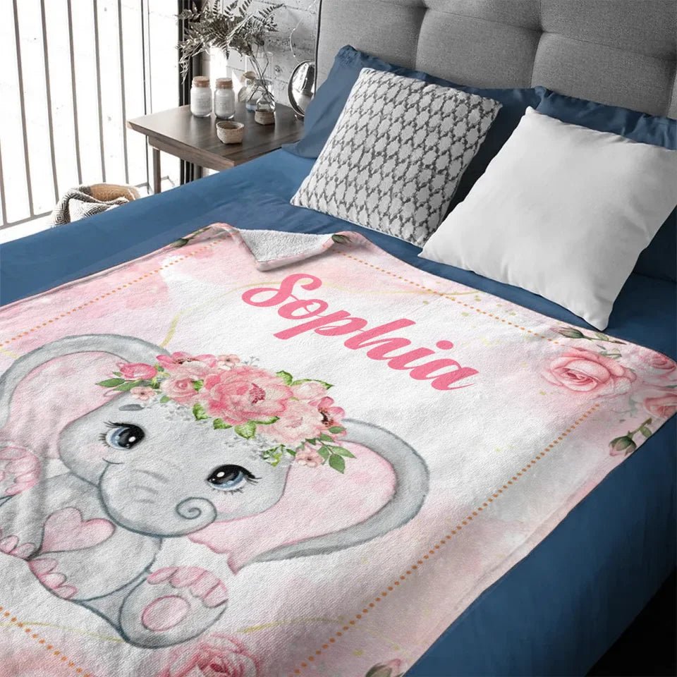 Custom Elephant Blanket - Personalized Name Blanket for Elephant Wearing Garland - A Gift For Child,Baby - OLESA