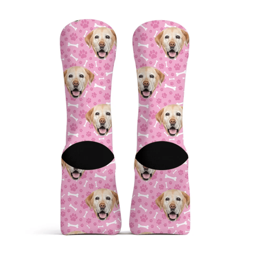 Custom Personalized Photo Pet Face Socks - Personalized Pet Photo Multi Color Paw Print and Bone Pattern Stockings - A Gift For Pet Lovers,Pet Owners - OLESA