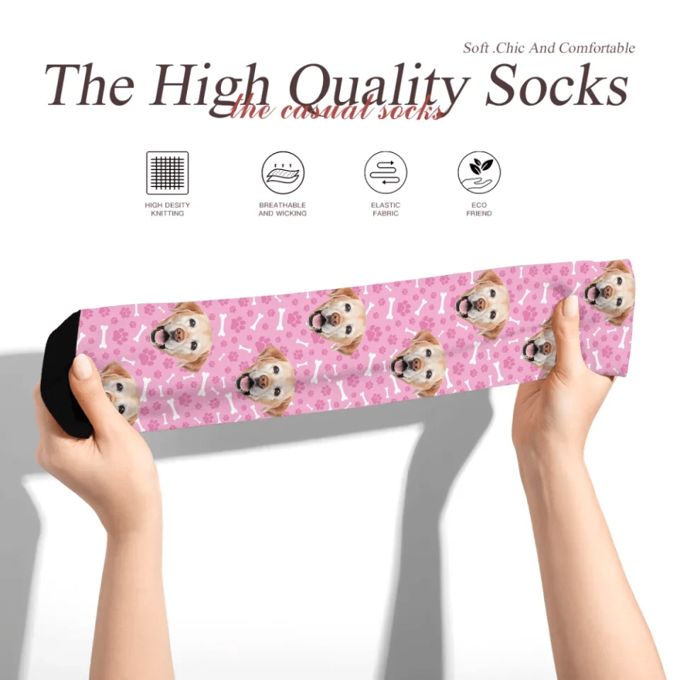 Custom Personalized Photo Pet Face Socks - Personalized Pet Photo Multi Color Paw Print and Bone Pattern Stockings - A Gift For Pet Lovers,Pet Owners - OLESA