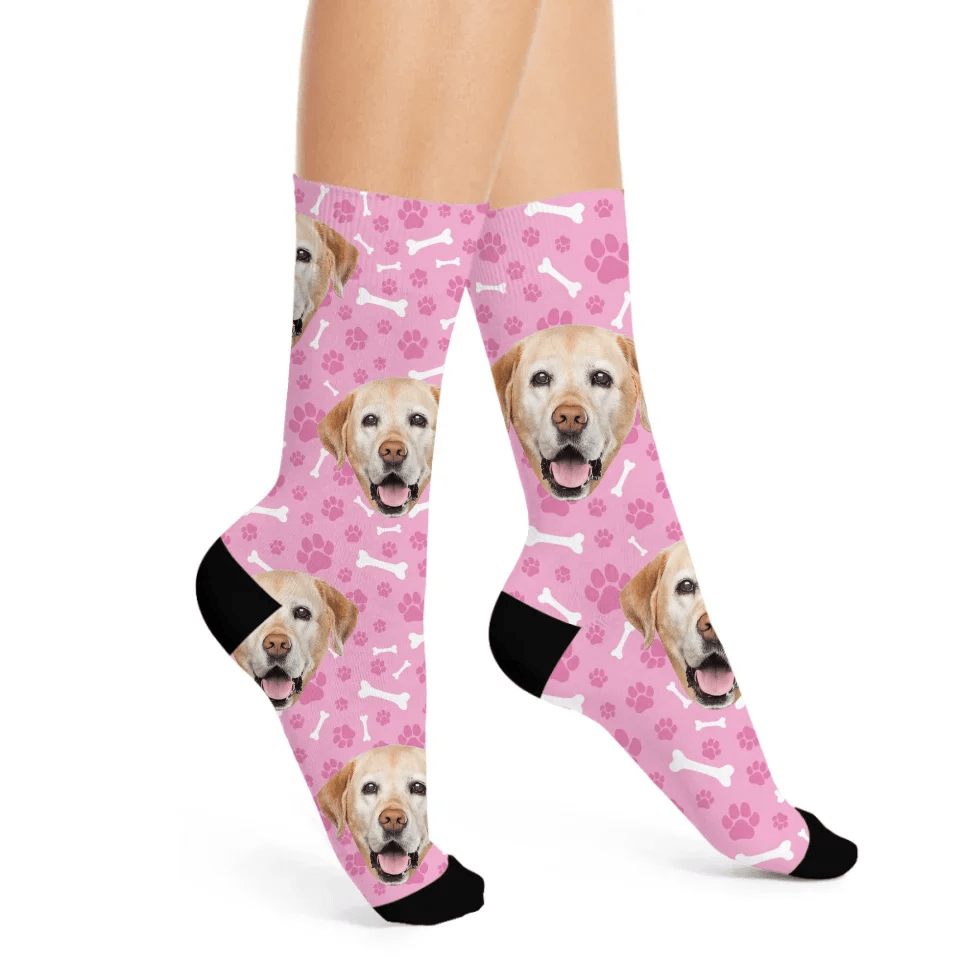 Custom Personalized Photo Pet Face Socks - Personalized Pet Photo Multi Color Paw Print and Bone Pattern Stockings - A Gift For Pet Lovers,Pet Owners - OLESA