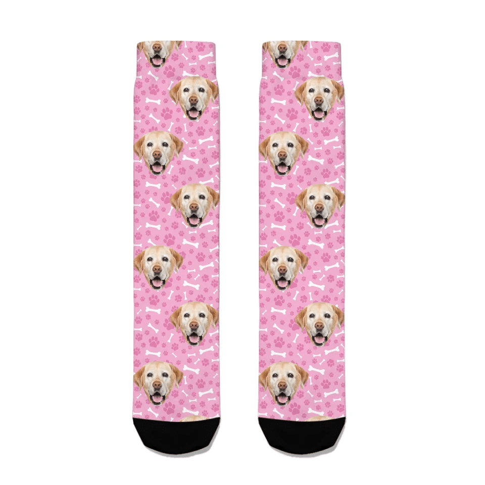 Custom Personalized Photo Pet Face Socks - Personalized Pet Photo Multi Color Paw Print and Bone Pattern Stockings - A Gift For Pet Lovers,Pet Owners - OLESA