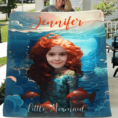 Custom Photo Name Little Mermaid Blanket, Personalized Gift for Daughter, Little Mermaid Birthday Surprise - OLESA
