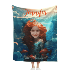 Custom Photo Name Little Mermaid Blanket, Personalized Gift for Daughter, Little Mermaid Birthday Surprise - OLESA
