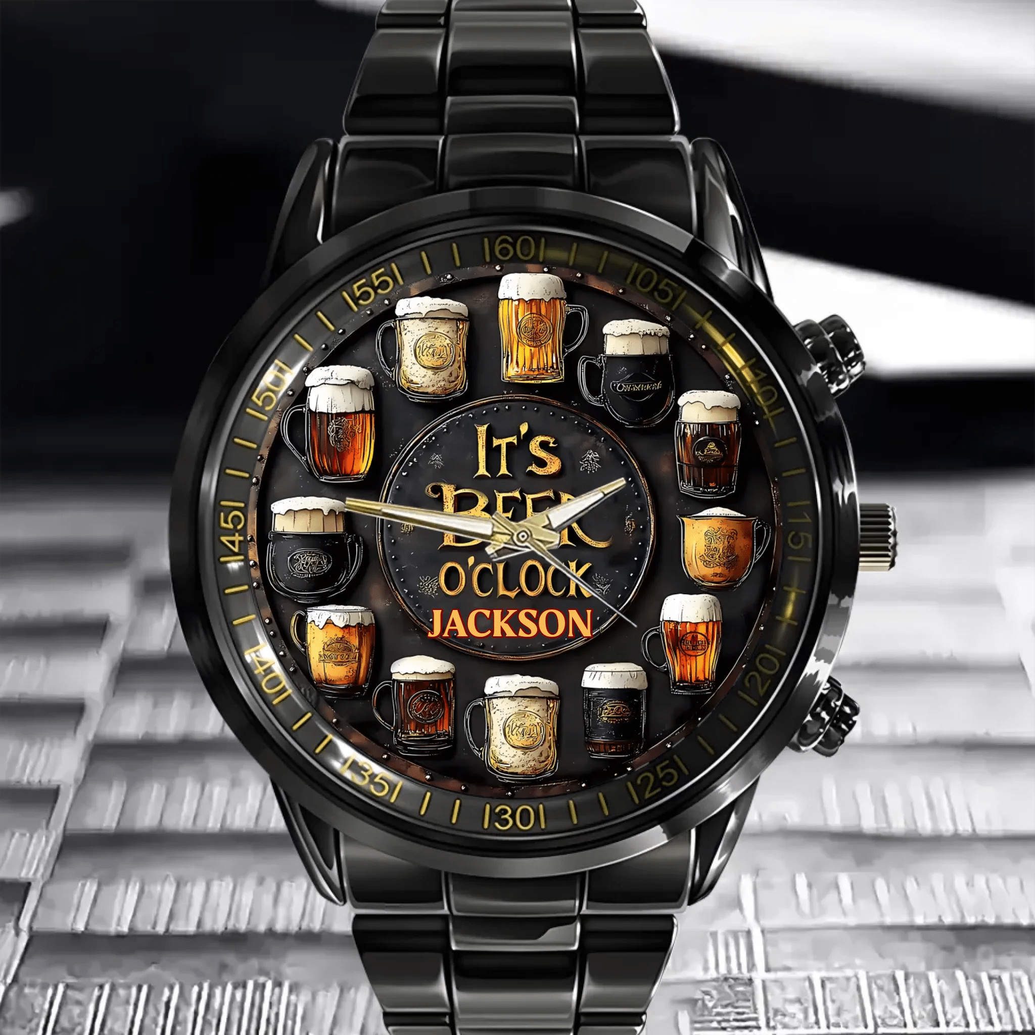 Customised Beer Themed Watches - Personalised Name Vintage Beer Pattern Scale Watch - Gift for Friend,Family,Beer Lover - OLESA