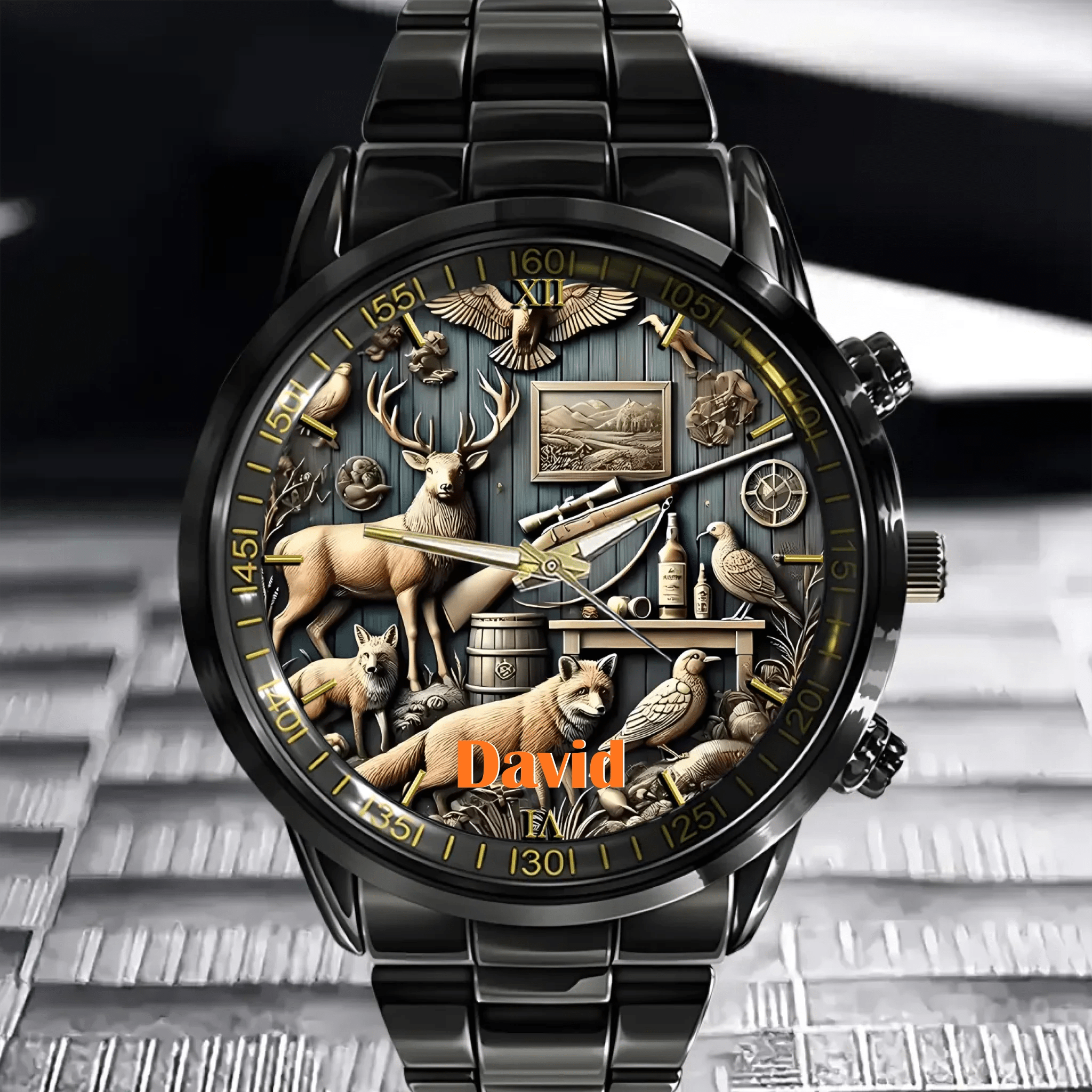 Customised Hunting Themed Watches - Personalised Name Hunting Embossed Art Pattern Watch - Gift for Friend,Family,Hunting Enthusiast - OLESA