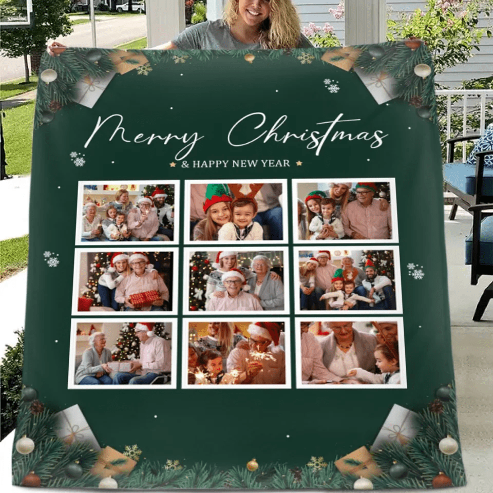 Customizable Christmas Home Blanket with 9 Photos - Christmas Themed Personalized Family Photo Soft Flannel Blanket - Christmas Gift For Family,Party - OLESA