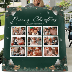 Customizable Christmas Home Blanket with 9 Photos - Christmas Themed Personalized Family Photo Soft Flannel Blanket - Christmas Gift For Family,Party - OLESA
