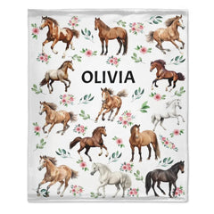 Customized Blankets For Different Horse Forms - Personalized Name Horse And Flower Pattern Blanket - A Gift For Child,Baby - OLESA