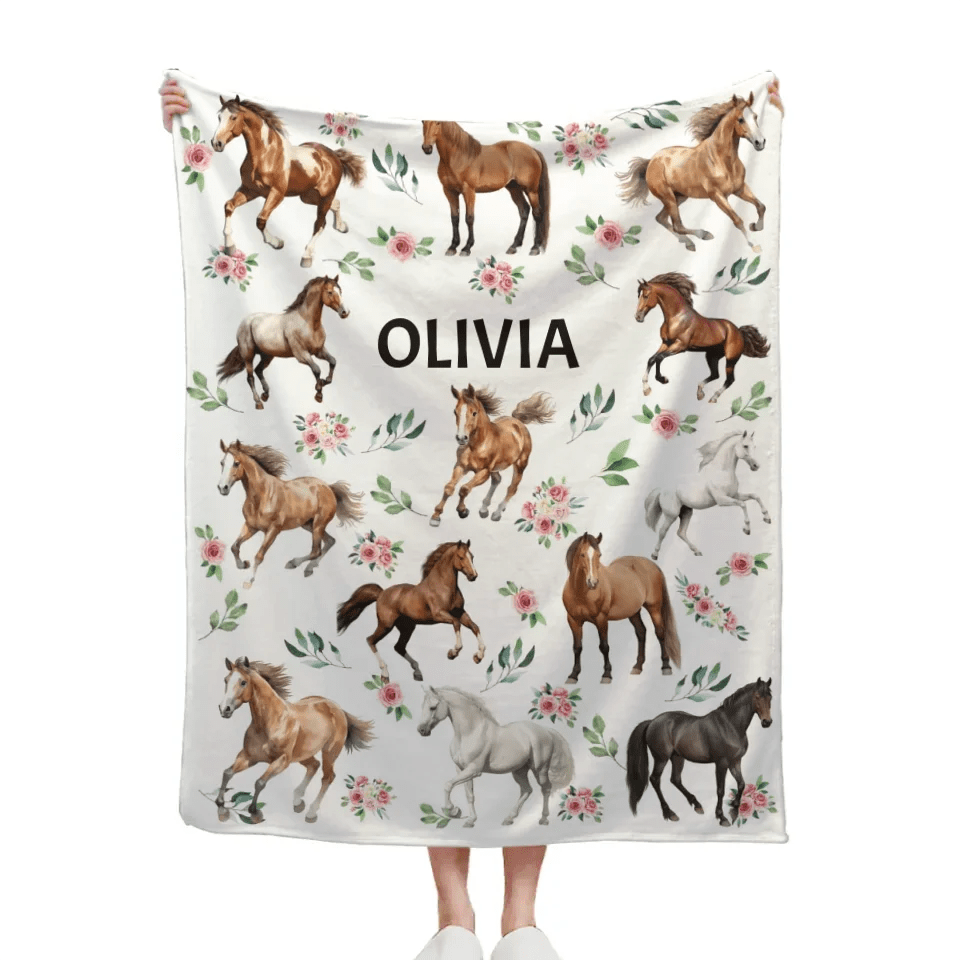 Customized Blankets For Different Horse Forms - Personalized Name Horse And Flower Pattern Blanket - A Gift For Child,Baby - OLESA