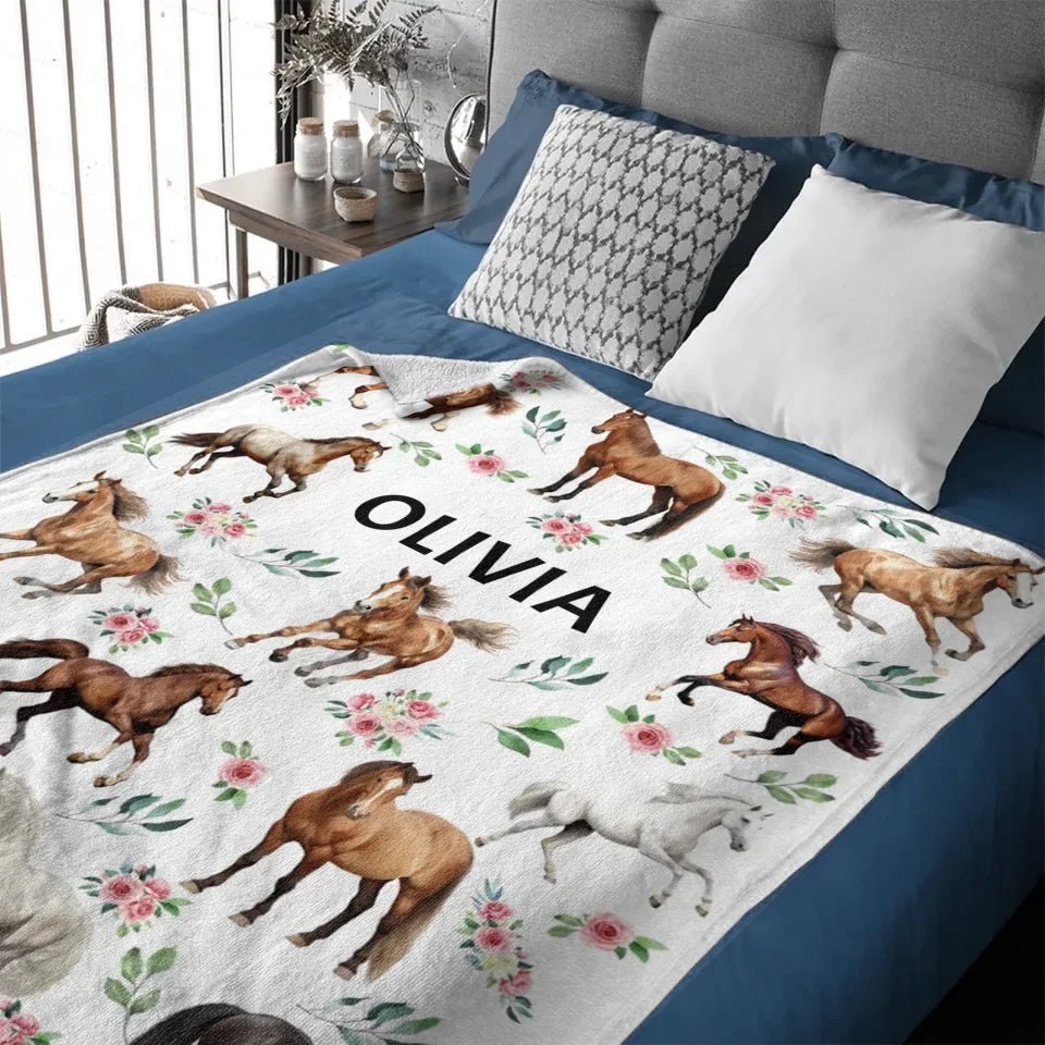 Customized Blankets For Different Horse Forms - Personalized Name Horse And Flower Pattern Blanket - A Gift For Child,Baby - OLESA