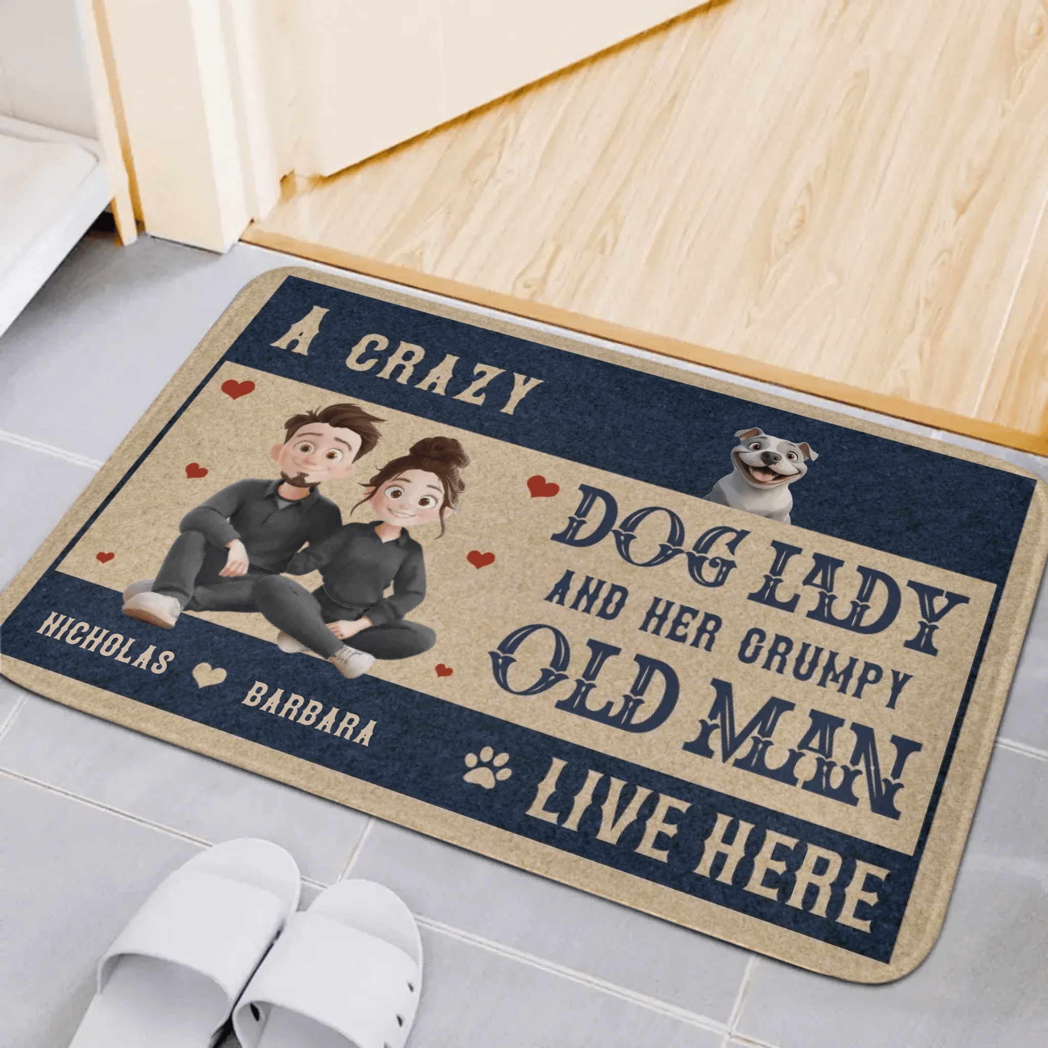 Customized Couple and Dog Floor Mats - Stylish and Trendy Doormat with Personalized Character Images,Names and Dog Breeds - Funny Gifts For Dog Owners,Dog Lovers,Family - OLESA