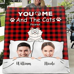 Customized Couple Photo Blanket - Personalized Couple's Photo, Name and Cat Cartoon Blanket - A Gift for Couples,Wife, Husband - OLESA