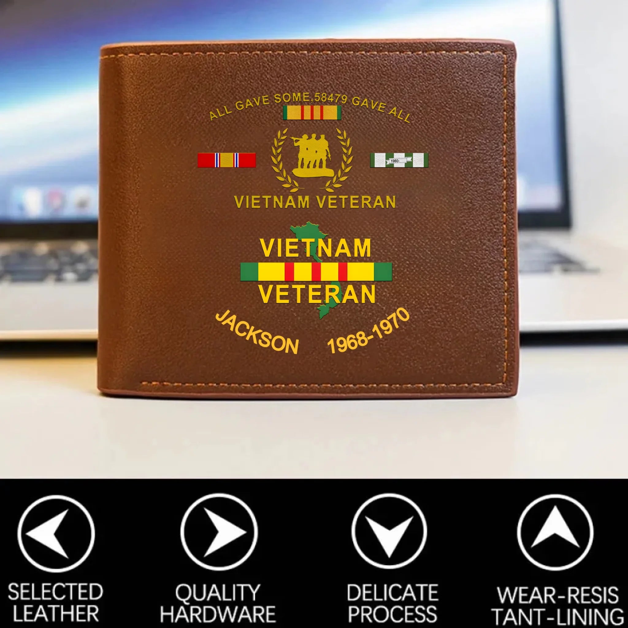 Customized Leather Wallet for Vietnam Veterans - Personalize with Name and Year/Period (RFID BLOCKING) - OLESA