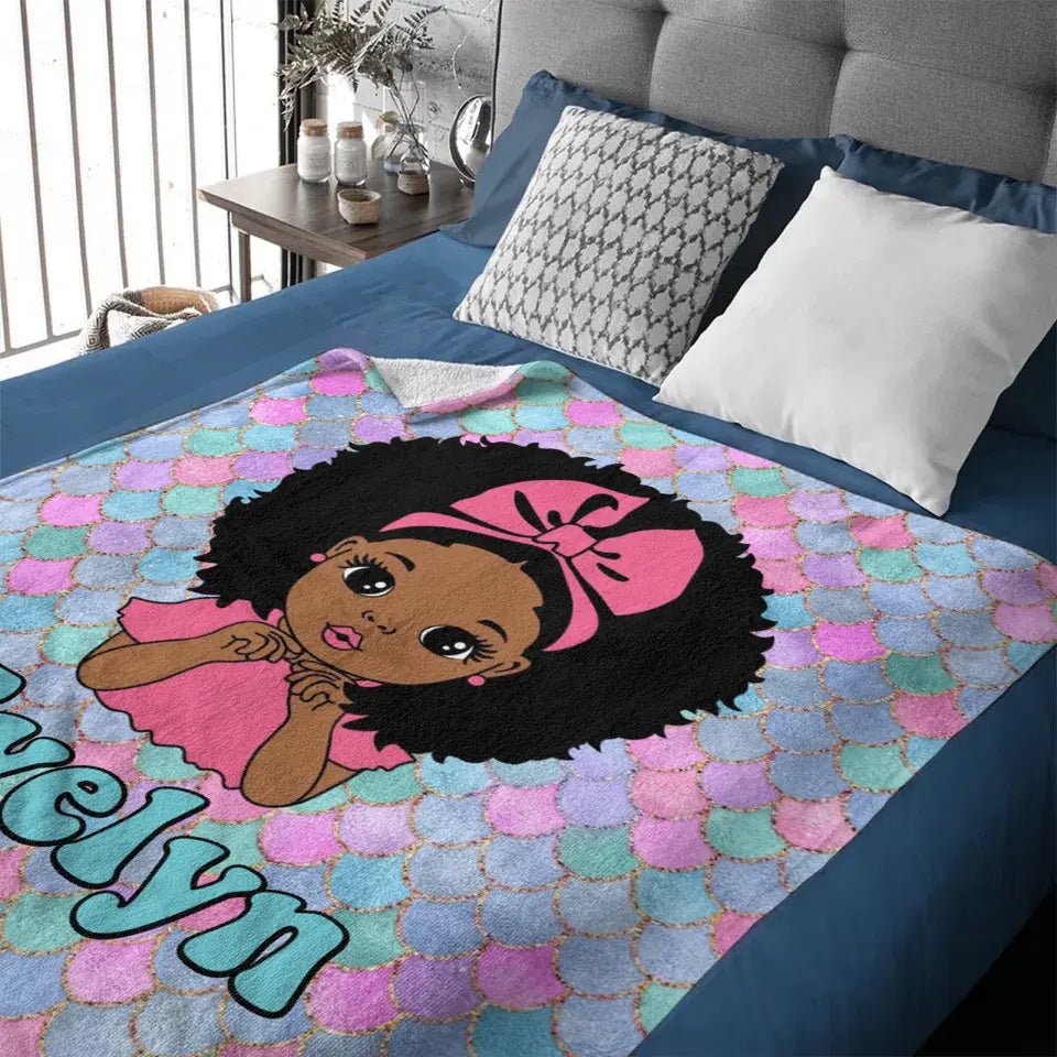 Customized Name Mermaid Pattern Black Baby Girl Blanket African Girl Birthday Gift Anniversary Gift - OLESA