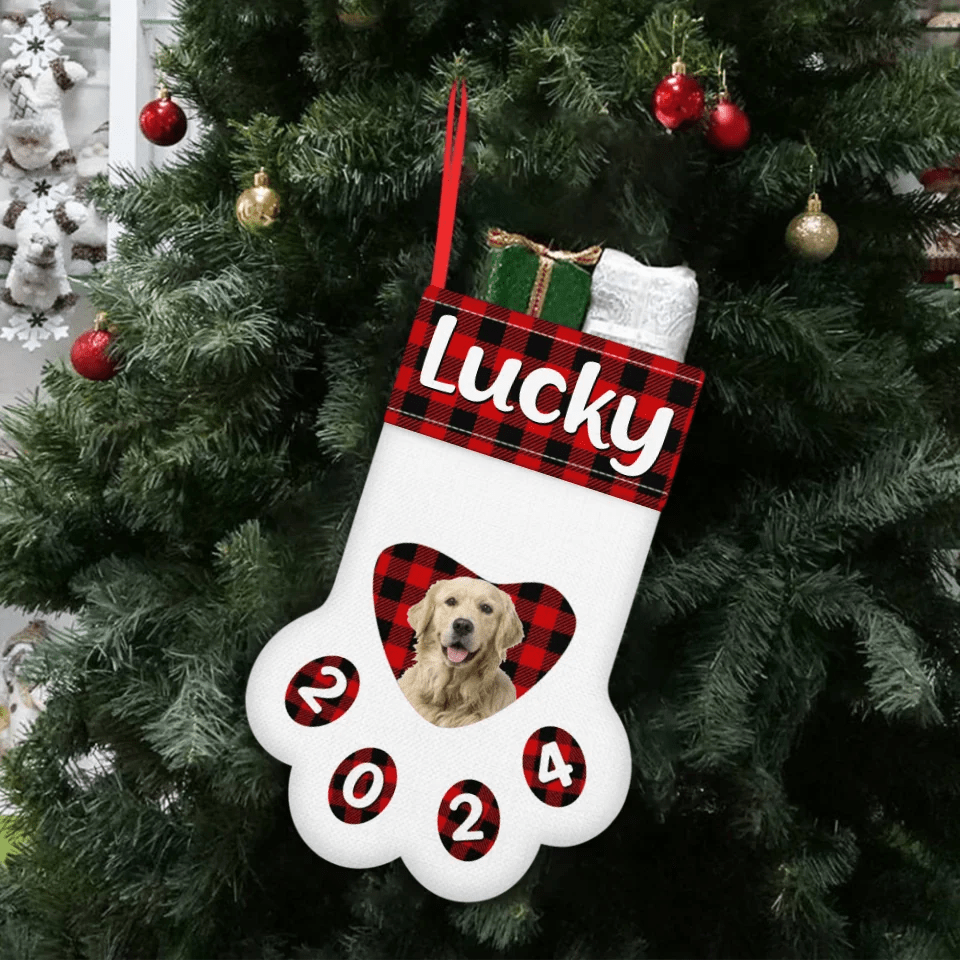 Customized Paw Shaped Christmas Stockings - Personalized Pet Photo and Name Vintage Christmas Vibes Paw Print Socks - Christmas Gifts For Family,Child And Pets - OLESA