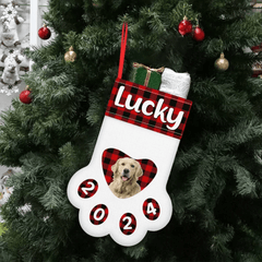 Customized Paw Shaped Christmas Stockings - Personalized Pet Photo and Name Vintage Christmas Vibes Paw Print Socks - Christmas Gifts For Family,Child And Pets - OLESA