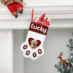 Customized Paw Shaped Christmas Stockings - Personalized Pet Photo and Name Vintage Christmas Vibes Paw Print Socks - Christmas Gifts For Family,Child And Pets - OLESA