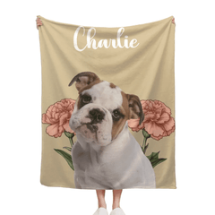 Customized Pet Portrait Blanket - Personalized Pet Name, Photo and Birthday Flower Flannel Blanket - Warm Gift For Pet Owners,pet Lovers - OLESA