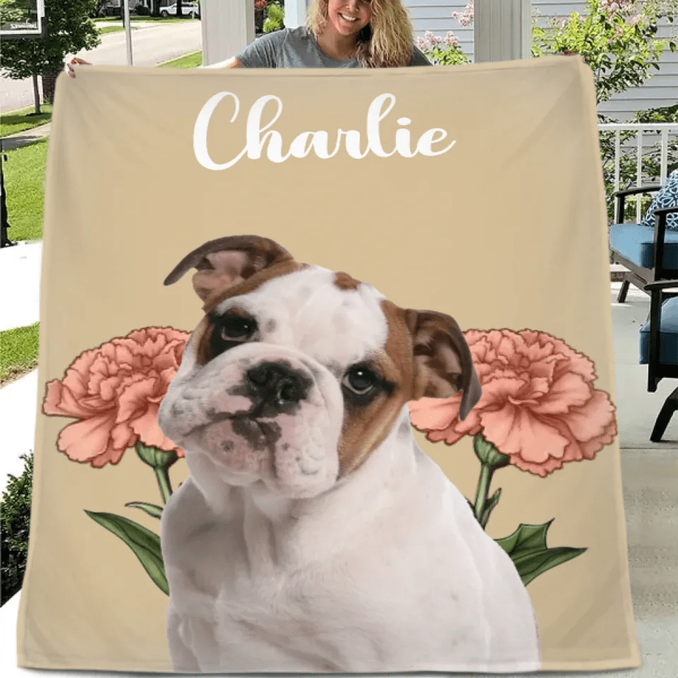 Customized Pet Portrait Blanket - Personalized Pet Name, Photo and Birthday Flower Flannel Blanket - Warm Gift For Pet Owners,pet Lovers - OLESA