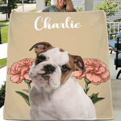 Customized Pet Portrait Blanket - Personalized Pet Name, Photo and Birthday Flower Flannel Blanket - Warm Gift For Pet Owners,pet Lovers - OLESA