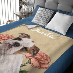 Customized Pet Portrait Blanket - Personalized Pet Name, Photo and Birthday Flower Flannel Blanket - Warm Gift For Pet Owners,pet Lovers - OLESA