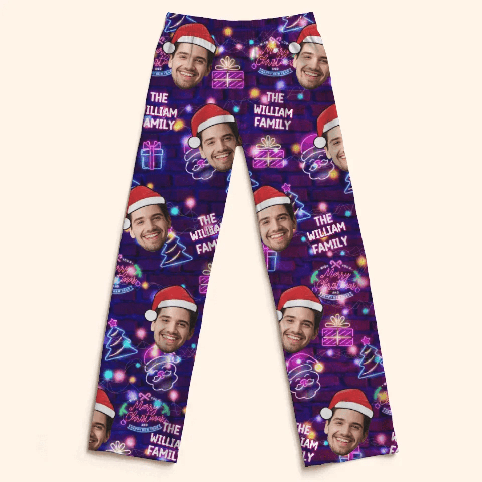 Customized Photo Funny Pajama - Personalized Photo and Family Name Neon Style Pajamas - Fun Gifts For Husband,Wife,Family - OLESA