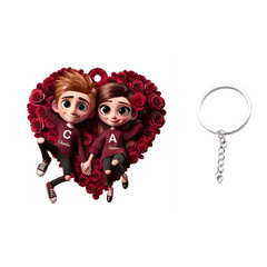 Customized Rose Heart Couple Keychain - Personalized Name and Couple Character Decorated Heart Keychain - A Gift For Couples,Wife,Husband,Girlfriend,Boyfriend,Her,Him - OLESA