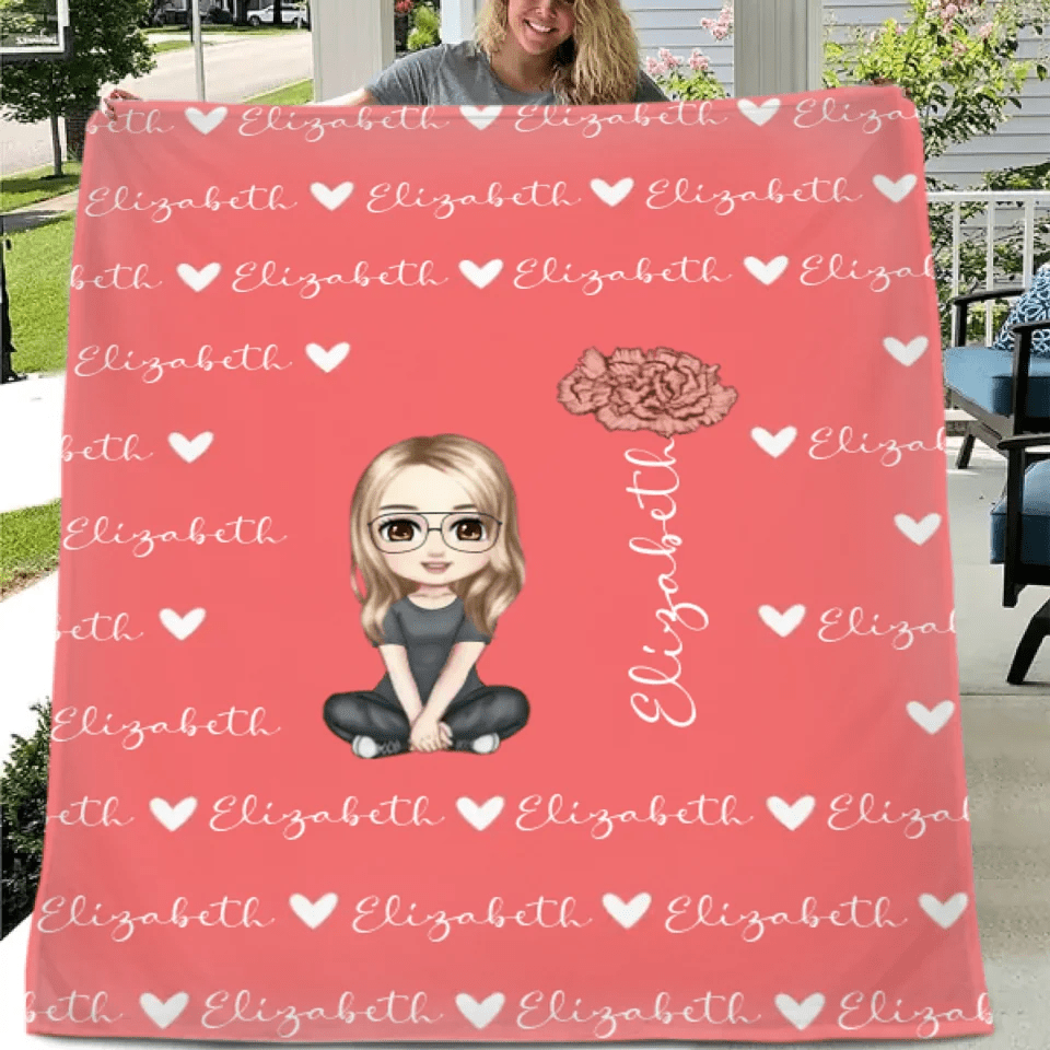 Cute Cartoon Character - Personalised Name Heart Birth Flower Soft Throw Blanket - A Gift For Birthday Person,Friend,Family - OLESA