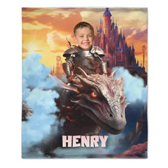 Free shipping✈️Custom Blankets Little Knight and Dragon Photo Gift, Boys Name Blanket - OLESA