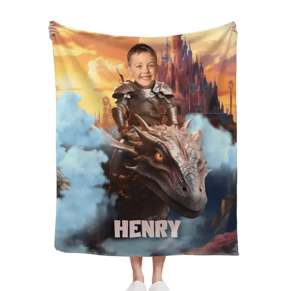 Free shipping✈️Custom Blankets Little Knight and Dragon Photo Gift, Boys Name Blanket - OLESA