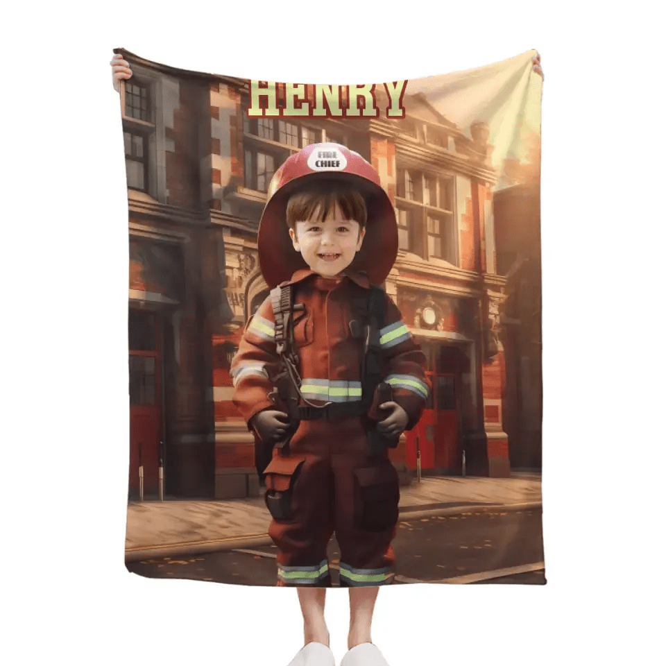 Free Shipping✈️Custom Kids Gift Blanket With Photo Name, Personalized Firefighter Boy Blanket, Custom Boy Firefighter Gifts - OLESA