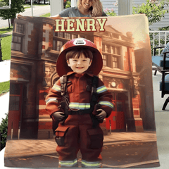 Free Shipping✈️Custom Kids Gift Blanket With Photo Name, Personalized Firefighter Boy Blanket, Custom Boy Firefighter Gifts - OLESA