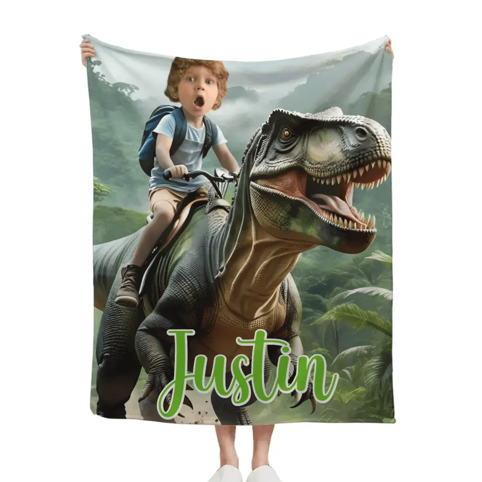 Free Shipping✈️Custom Name Photo Blanket Personalized Paw Boy Riding Dinosaur Blanket - OLESA