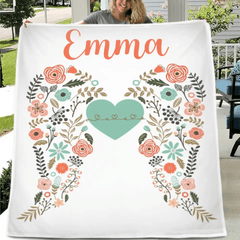 Free shipping✈️Personalized Angel Wings Baby Blanket, Custom Name Baby Blanket, Floral Heart Nursery Decor - OLESA