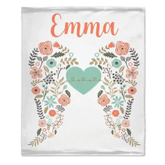 Free shipping✈️Personalized Angel Wings Baby Blanket, Custom Name Baby Blanket, Floral Heart Nursery Decor - OLESA